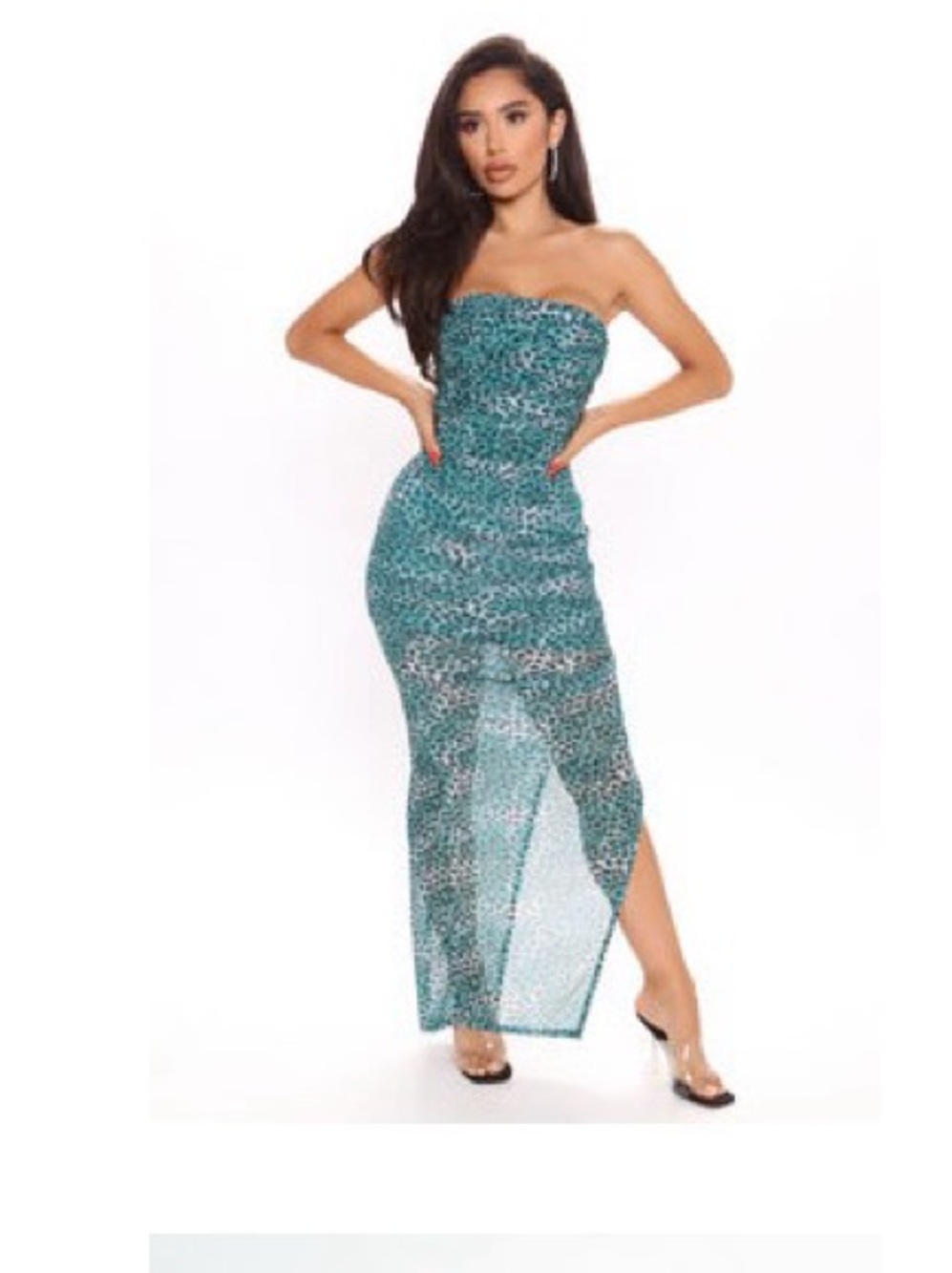 Fashion Nova Strapless Teal Leopard Print Sheer Maxi 👗
